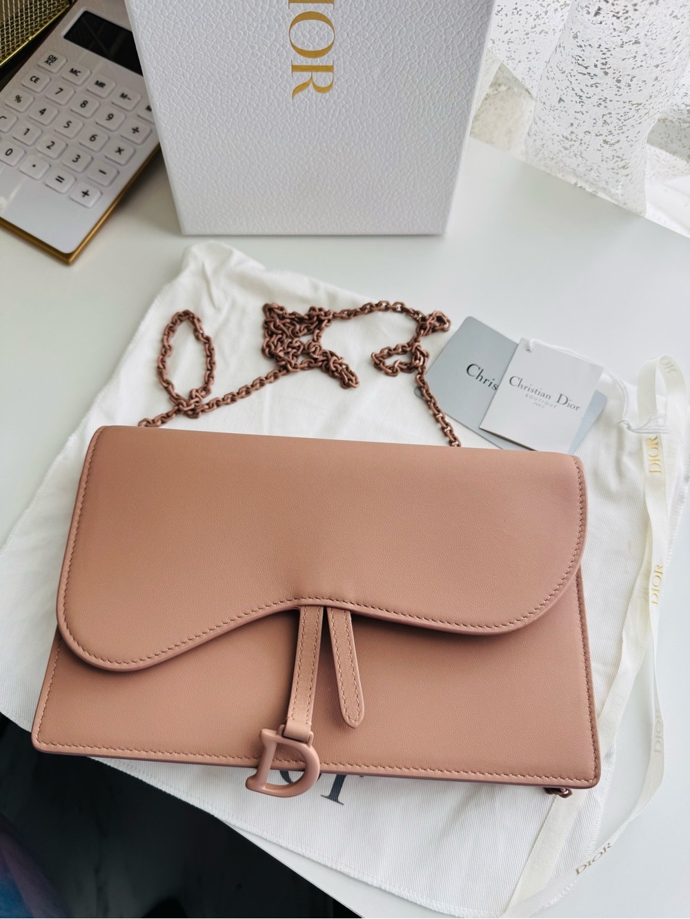 Dior Blush Pink Saddle Crossbody Bag with Chain Strap